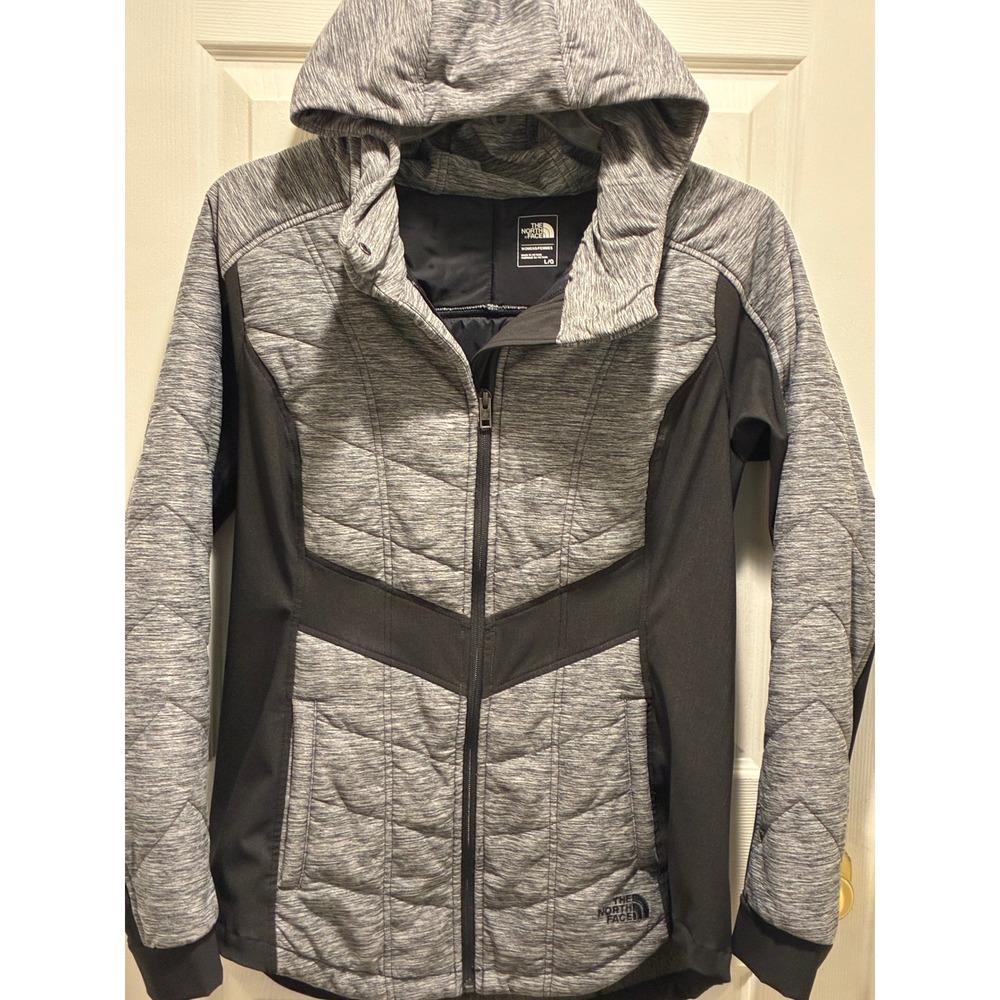 The North Face Womens L Quilted Hybrid Hooded Jacket Grey Black Space Dye Zip